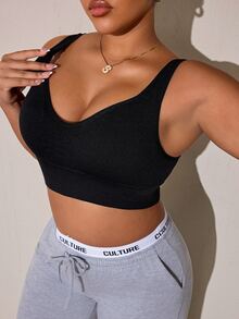 Slayform Plus Size Women's Solid Color Casual Daily Cropped Sports Bra - Black - View 2
