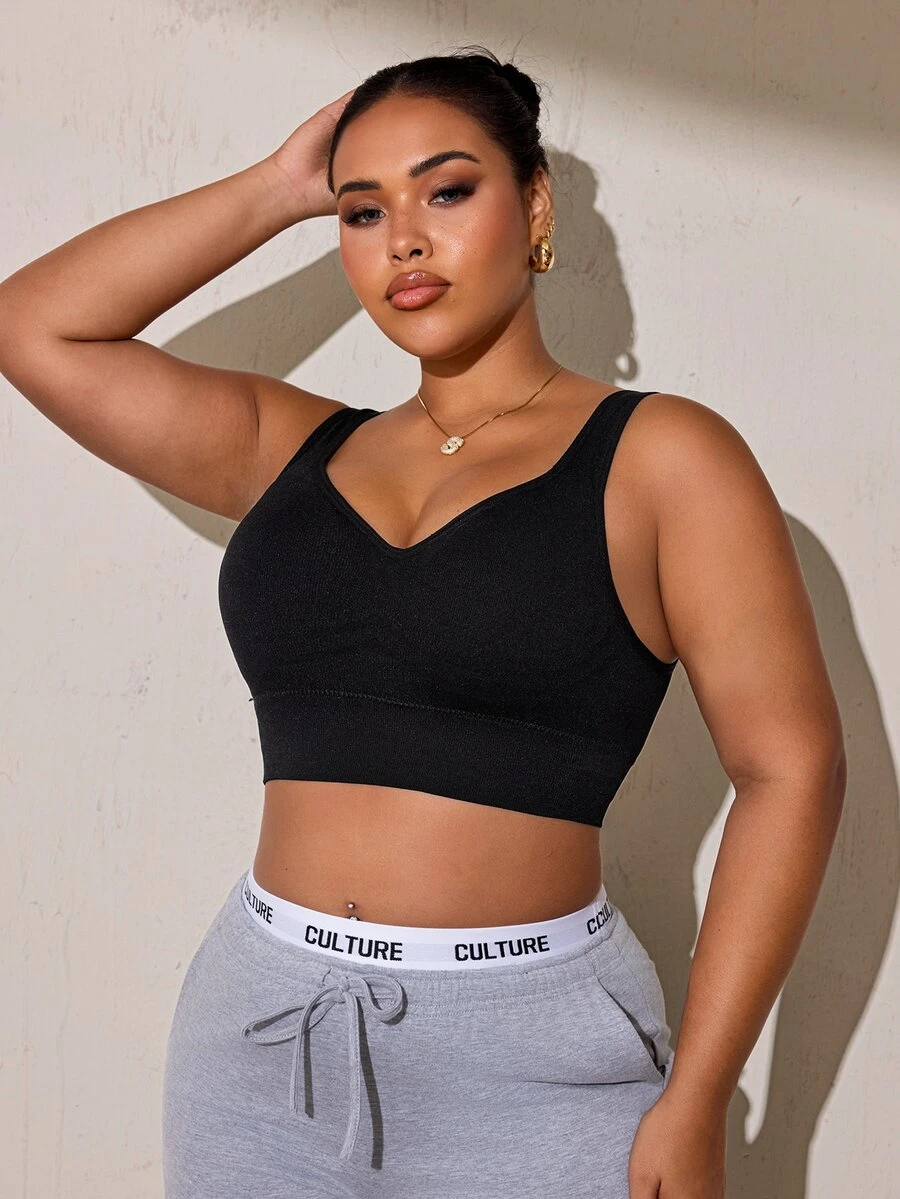 Slayform Plus Size Women's Solid Color Casual Daily Cropped Sports Bra - Black - View 1