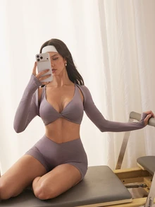 Eassivo Eassivo 女款純色打結上衣、長袖開襟衫與高腰短褲休閒日常運動套裝 - 紫色 - 查看 3
