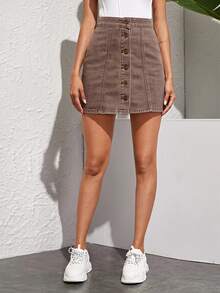 SHEIN EZwear Women's Button Casual Versatile Daily Denim Mini Skirt - Mocha Brown - View 7