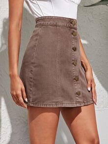 SHEIN EZwear Women's Button Casual Versatile Daily Denim Mini Skirt - Mocha Brown - View 4