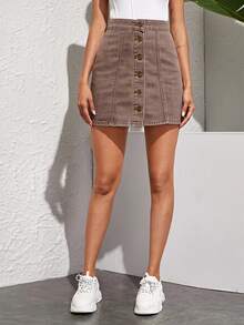 SHEIN EZwear Women's Button Casual Versatile Daily Denim Mini Skirt - Mocha Brown - View 5