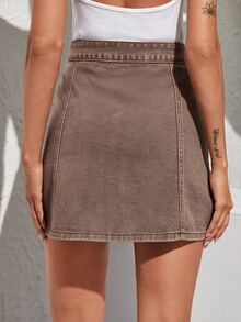 SHEIN EZwear Women's Button Casual Versatile Daily Denim Mini Skirt - Mocha Brown - View 3