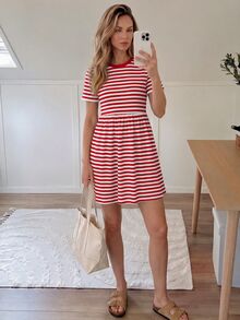 Easowa 女款紅白條紋圓領短袖休閒學院風法式短洋裝，適合早午餐、野餐、度假、夏季 - 紅色 - 查看 2