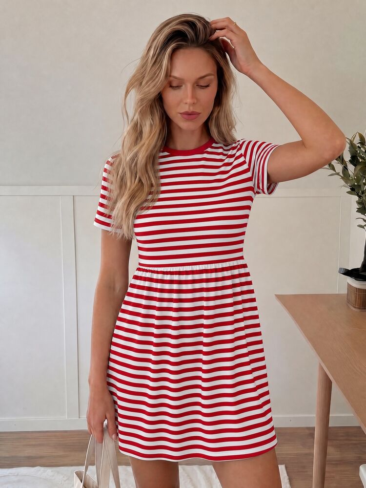 Easowa Women's Red And White Striped Round Neck Short Sleeve Casual Preppy French Short Dress Brunch Picnic Vacation Summer - Red - View 4