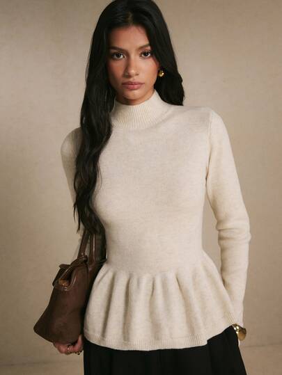 Poéselle Women's Ivory Mock-Neck Peplum Knit Sweater, Slim-Fit Long-Sleeve Pullover With Flared Ruffle Hem, Elegant Feminine Top For Work Autumn/Winter