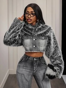 Slaydiva Plus Size Women's Patchwork Faux Fur Single-Breasted Frayed Hem Cropped Denim Jacket - Blue - View 1
