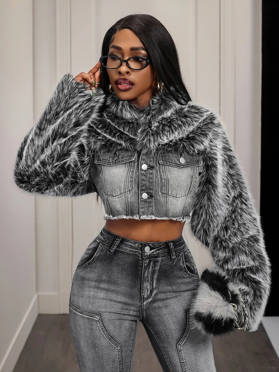 Slaydiva Plus Size Women's Patchwork Faux Fur Single-Breasted Frayed Hem Cropped Denim Jacket - Blue - View 1