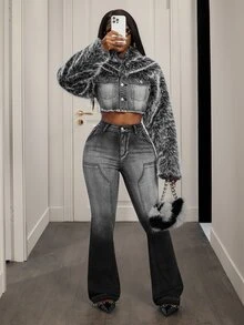 Slaydiva Plus Size Women's Patchwork Faux Fur Single-Breasted Frayed Hem Cropped Denim Jacket - Blue - View 5