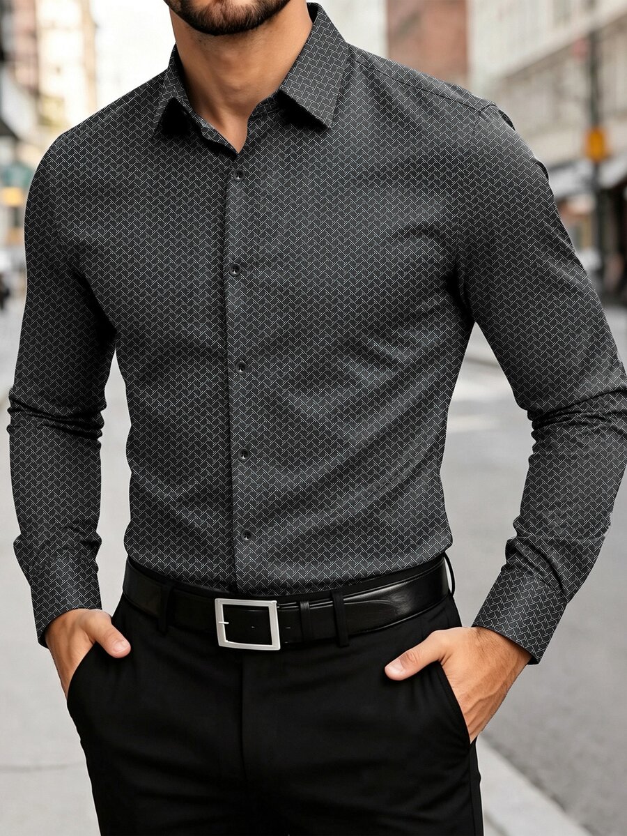 Manfinity Mode قميص رجالي بأكمام طويلة بصف واحد من الأزرار للسفر والأعمال - الأسود - مشاهدة 1