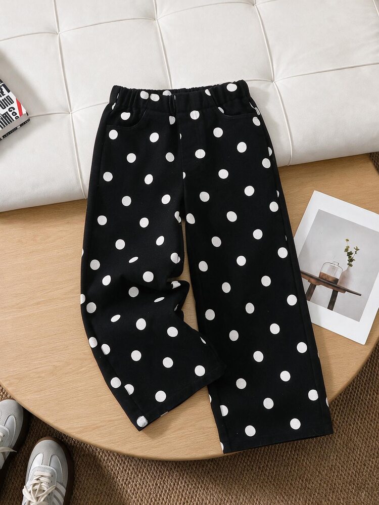 SHEIN Children's (Small) Denim Jeans, Spring/Autumn Girls' Casual Retro Fashion Personalized, Black Body With Uniform White Polka Dots, Classic Retro Polka Dot Element, Black And White Contrast Is Very Durable And Retro Korean Style, Suitable For Matching With T-Shirts, Sweatshirts, Small Shirts, Perfect For Daily Wear And Outings, Suitable For Both Boys And Girls - Black - View 6