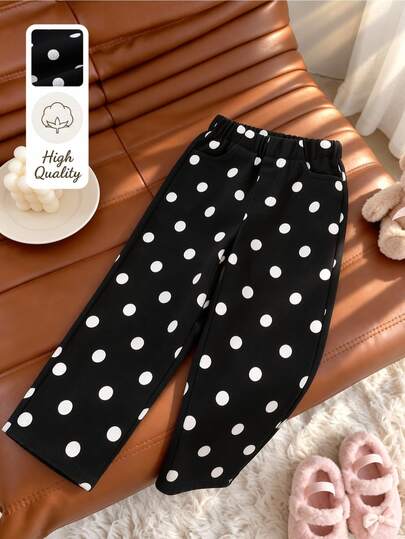 SHEIN Children's (Small) Denim Jeans, Spring/Autumn Girls' Casual Retro Fashion Personalized, Black Body With Uniform White Polka Dots, Classic Retro Polka Dot Element, Black And White Contrast Is Very Durable And Retro Korean Style, Suitable For Matching With T-Shirts, Sweatshirts, Small Shirts, Perfect For Daily Wear And Outings, Suitable For Both Boys And Girls