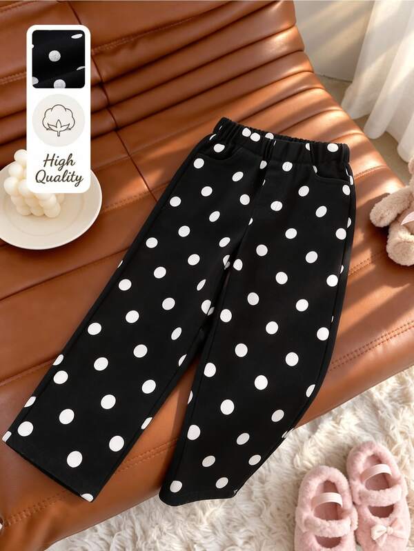 SHEIN Children's (Small) Denim Jeans, Spring/Autumn Girls' Casual Retro Fashion Personalized, Black Body With Uniform White Polka Dots, Classic Retro Polka Dot Element, Black And White Contrast Is Very Durable And Retro Korean Style, Suitable For Matching With T-Shirts, Sweatshirts, Small Shirts, Perfect For Daily Wear And Outings, Suitable For Both Boys And Girls