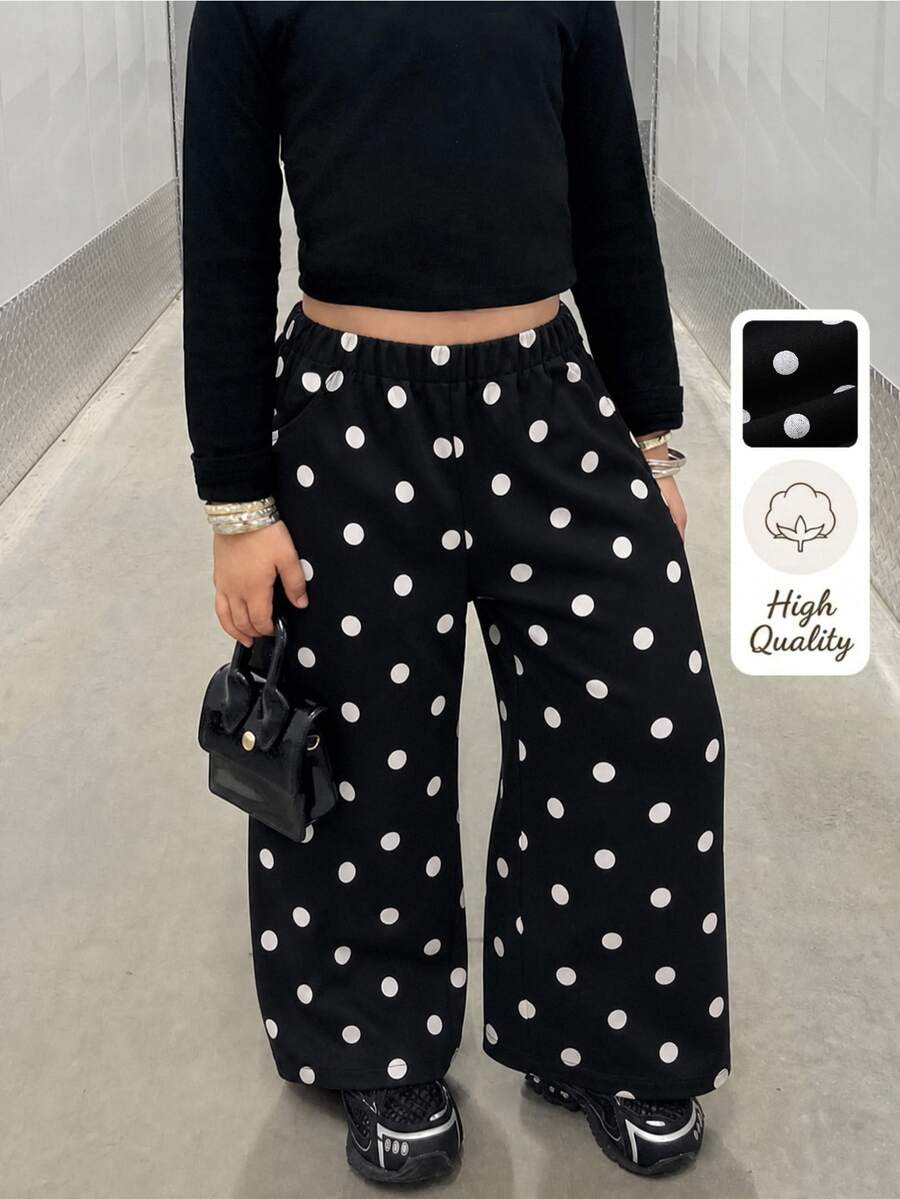 SHEIN Young Girl Korean Denim Polka Dot Jeans, Autumn, Fall Style, School, Holiday, Black - Black - View 1