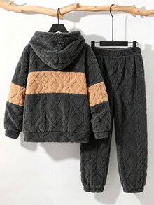 SHEIN Vacaura 大男孩秋季風格 2 件套服裝，拼色紋理抓絨內裡連帽衛衣與慢跑褲套裝，保暖冬季運動服 - 深灰色 - 查看 4