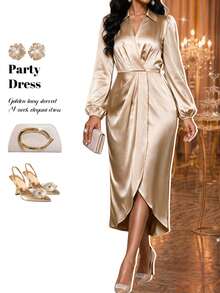 Fleurora Women's French Style Gentle Satin Split Hem Dress - Apricot - View 1
