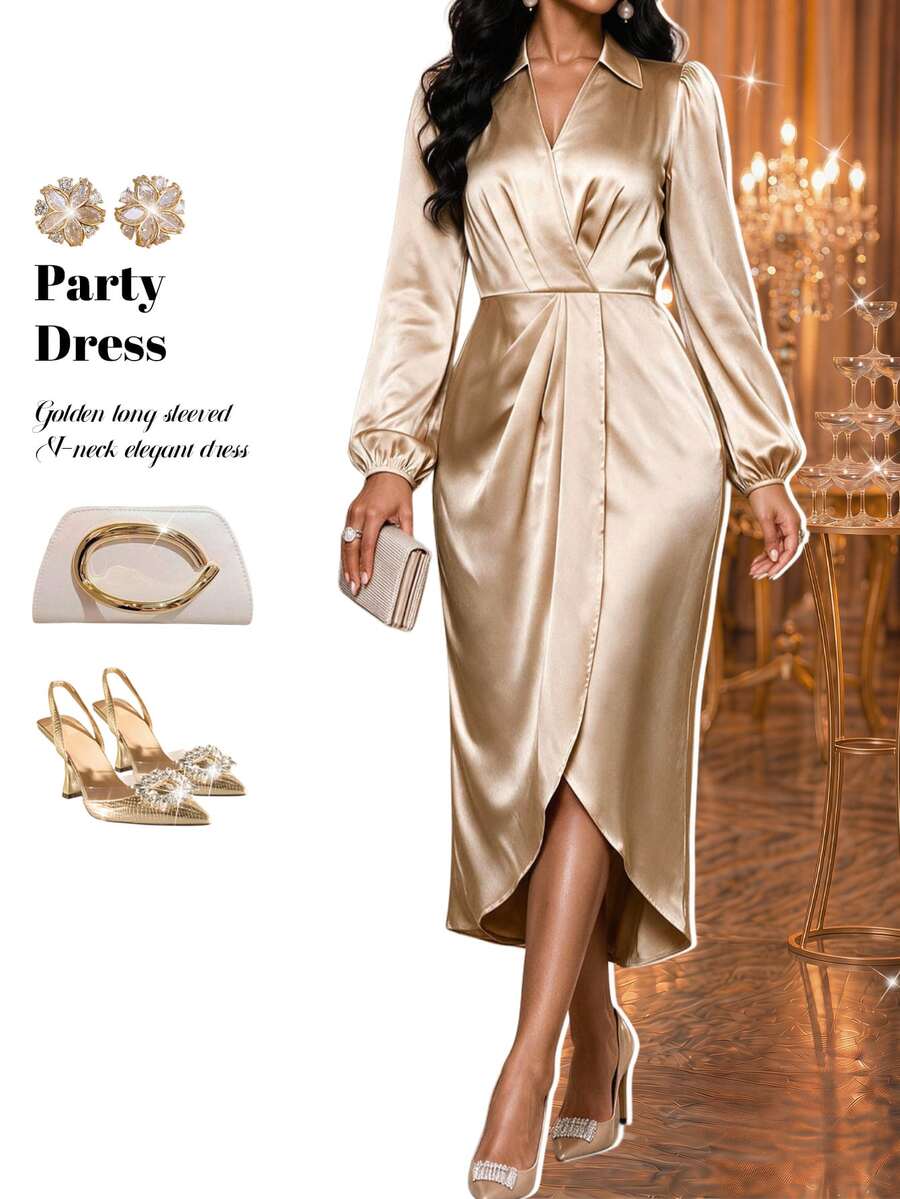 Fleurora Women's French Style Gentle Satin Split Hem Dress - Apricot - View 1
