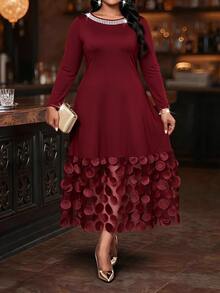 Fleurora Plus Size Women's Faux Pearl Decor Round Neck Long Sleeve Elegant Dress - Burgundy - View 4