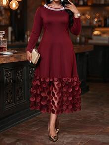Fleurora Plus Size Women's Faux Pearl Decor Round Neck Long Sleeve Elegant Dress - Burgundy - View 3