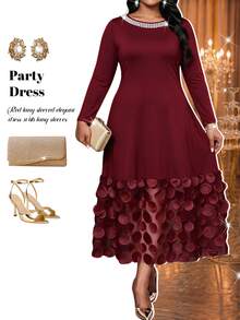 Fleurora Plus Size Women's Faux Pearl Decor Round Neck Long Sleeve Elegant Dress - Burgundy - View 1