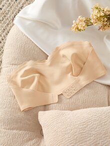 SHEIN 1pc Women Front-Closure Ribbed Seamless Padless Brassiere, Casual And Comfortable - Apricot - View 8