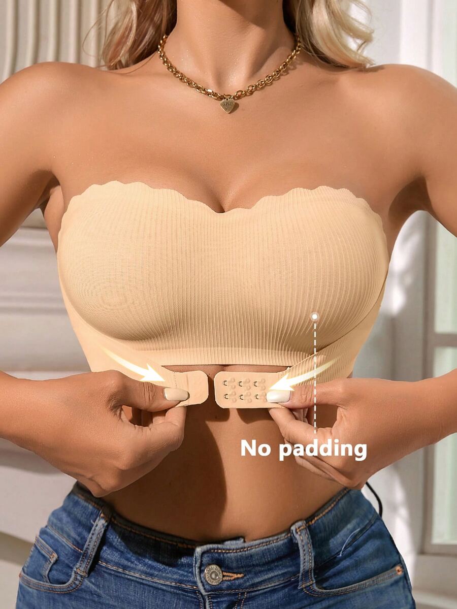 SHEIN 1pc Women Front-Closure Ribbed Seamless Padless Brassiere, Casual And Comfortable - Apricot - View 1
