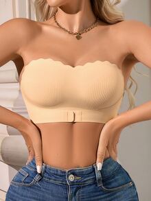 SHEIN 1pc Women Front-Closure Ribbed Seamless Padless Brassiere, Casual And Comfortable - Apricot - View 3