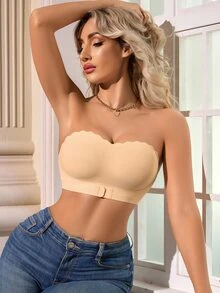 SHEIN 1pc Women Front-Closure Ribbed Seamless Padless Brassiere, Casual And Comfortable - Apricot - View 5