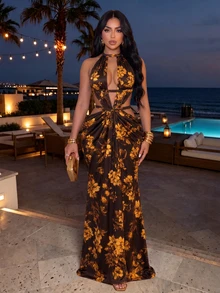 SOLERSUN Women's Elegant Summer Brown Floral Cut-Out Backless Ruched Bodycon Maxi Dress, Halter Neck Boho Y2K Cocktail Party Evening Gown For Vacation Beach, Trending Sexy Chic Backless Design, Random Floral - Coffee - View 6