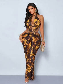 SOLERSUN Women's Elegant Summer Brown Floral Cut-Out Backless Ruched Bodycon Maxi Dress, Halter Neck Boho Y2K Cocktail Party Evening Gown For Vacation Beach, Trending Sexy Chic Backless Design, Random Floral - Coffee - View 4