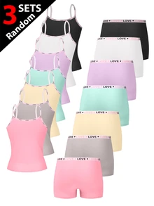 Random 3 Pieces Set Girl's Tween Girl Simple Fashion Solid Color Series Wireless Camisole Bra & Comfortable Four-Corner Hipster Panties 4-Set Underwear Combo - Multicolor - View 2
