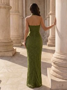 Modelyn Women's Lace Strapless Strapless Side Slit Contrast Lace Trim Long Formal Evening Gown (Heavy Workmanship) - Green - View 2