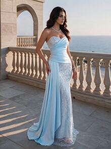 Coutiva فستان سهرة رسمي طويل للنساء من الساتان بتصميم مرقع ومزين بالخرز بدون حمالات مع كشكشة أمامية وخصر مربوط بشريط طويل (أسلوب حرفي ثقيل) - أزرق فاتح اللون - مشاهدة 5