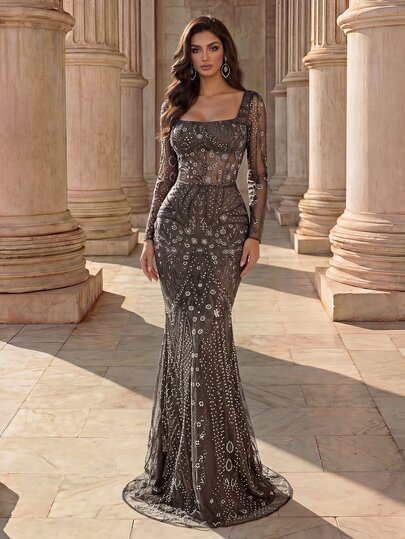 Coutiva Elegant Sequin Beaded Sheer Square Neck Long Sleeve Mermaid Hem Formal Evening Gown, Wedding Guest Dress, Graduation Ceremony, Back To School Party, Mother Of The Bride Wedding Dress, Party Dress