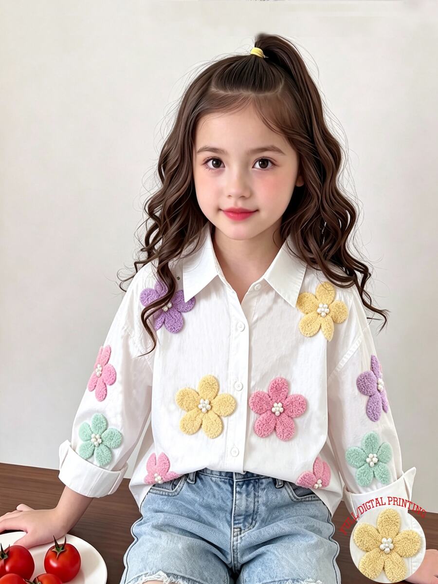 SHEIN Elladie kids 女童刺繡圖案運動衫上衣，秋季夾克，2025春夏新時尚少女穿著，白色，嬰兒洗禮仙女牛仔女郎
