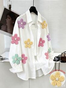 SHEIN Elladie kids 女童刺繡圖案運動衫上衣，秋季夾克，2025春夏新時尚少女穿著，白色，嬰兒洗禮仙女牛仔女郎 - 白色 - 查看 5