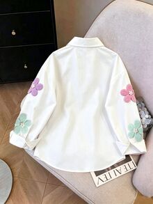 SHEIN Elladie kids 女童刺繡圖案運動衫上衣，秋季夾克，2025春夏新時尚少女穿著，白色，嬰兒洗禮仙女牛仔女郎 - 白色 - 查看 3