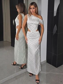 SHEIN ICON 缎面圆点印花单肩上衣和低腰半身裙套装 - 黑與白 - 查看 1