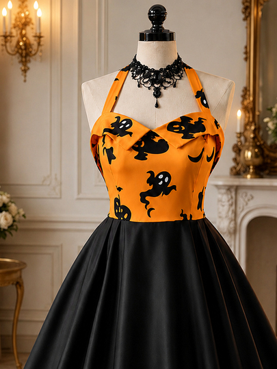 Rometta Women's Plus Size Halter Neck Vintage Lapel Bust-Flattering Back-Tie Full Skirt Ghost Pumpkin Spider Web Print Long Dress For Halloween Party, Themed Convention, Holiday Gathering, Store Visit Photo Shoot