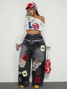 ROMWE Street Life Y2K Casual Street Style Pocket Embroidery Design Dual Waistband Loose Fit Denim Jeans - Black - View 3