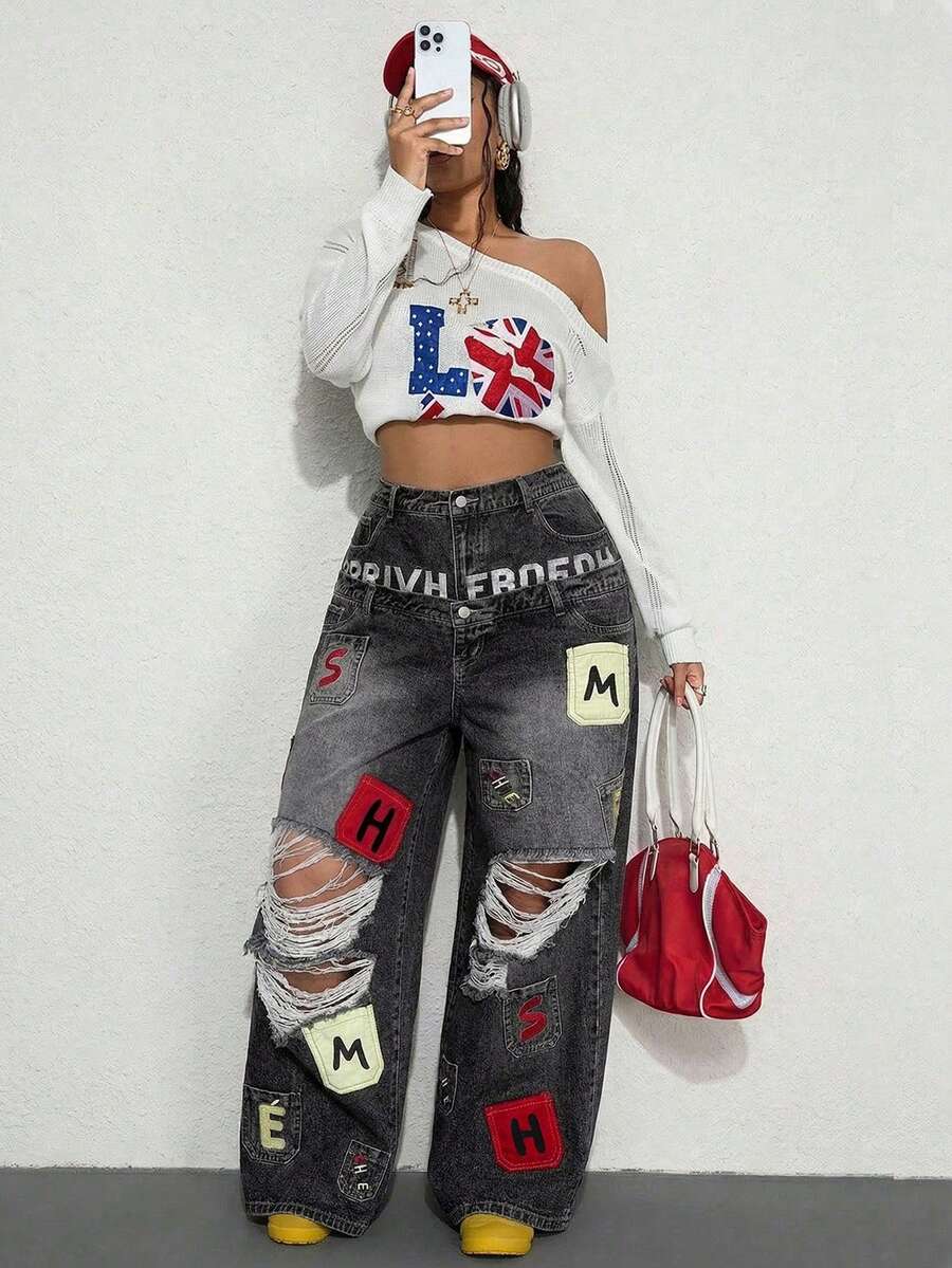 ROMWE Street Life Y2K Casual Street Style Pocket Embroidery Design Dual Waistband Loose Fit Denim Jeans - Black - View 1