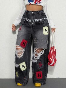 ROMWE Street Life Y2K Casual Street Style Pocket Embroidery Design Dual Waistband Loose Fit Denim Jeans - Black - View 7