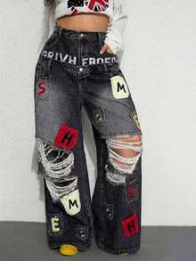 ROMWE Street Life Y2K Casual Street Style Pocket Embroidery Design Dual Waistband Loose Fit Denim Jeans - Black - View 5