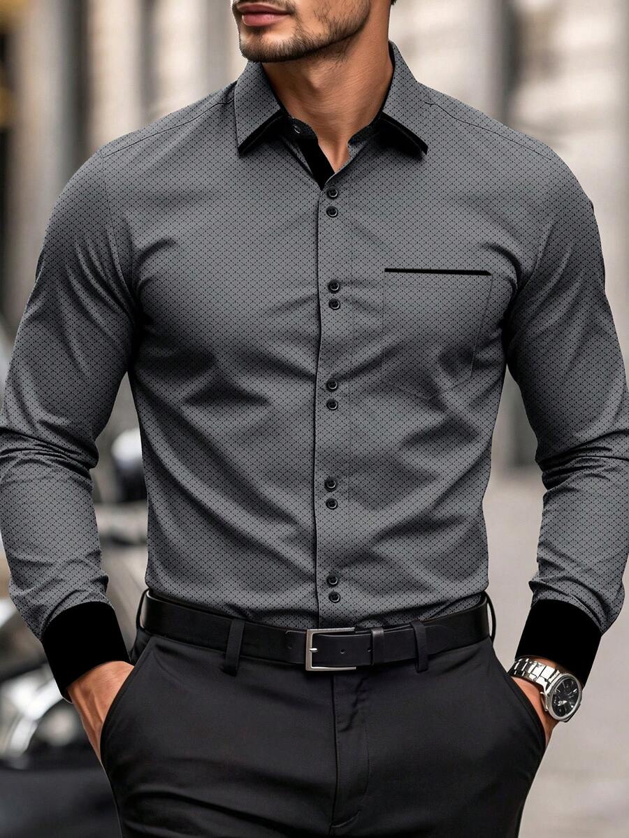 Manfinity Mode Men's Fashion Versatile Commute Long Sleeve Shirt - Dark Grey - View 1