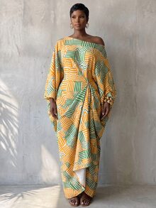 BamGlimmer Women's Fashion All-Over Print Batwing Sleeve Long Dress - Multicolor - View 1