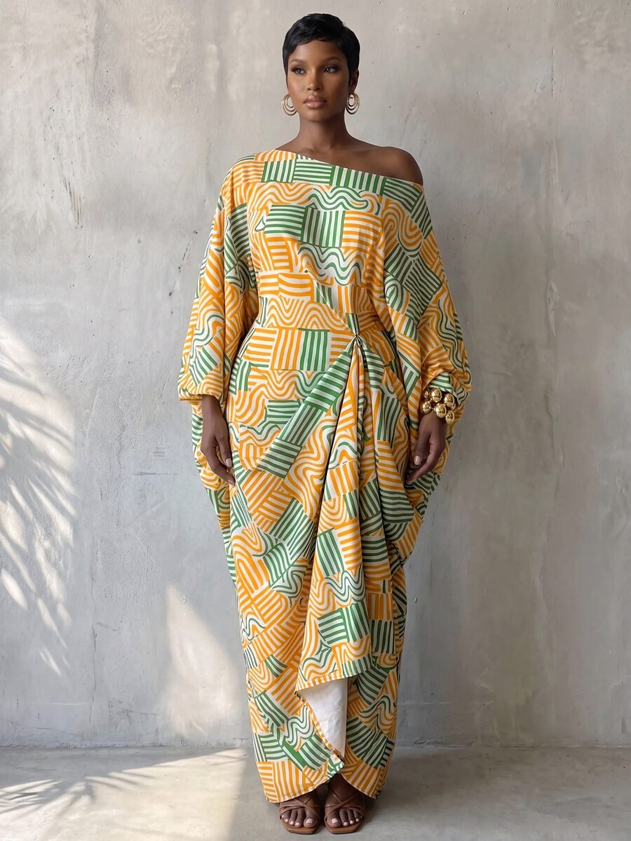 BamGlimmer Women's Fashion All-Over Print Batwing Sleeve Long Dress - Multicolor - View 1