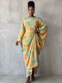 BamGlimmer Women's Fashion All-Over Print Batwing Sleeve Long Dress - Multicolor - View 6