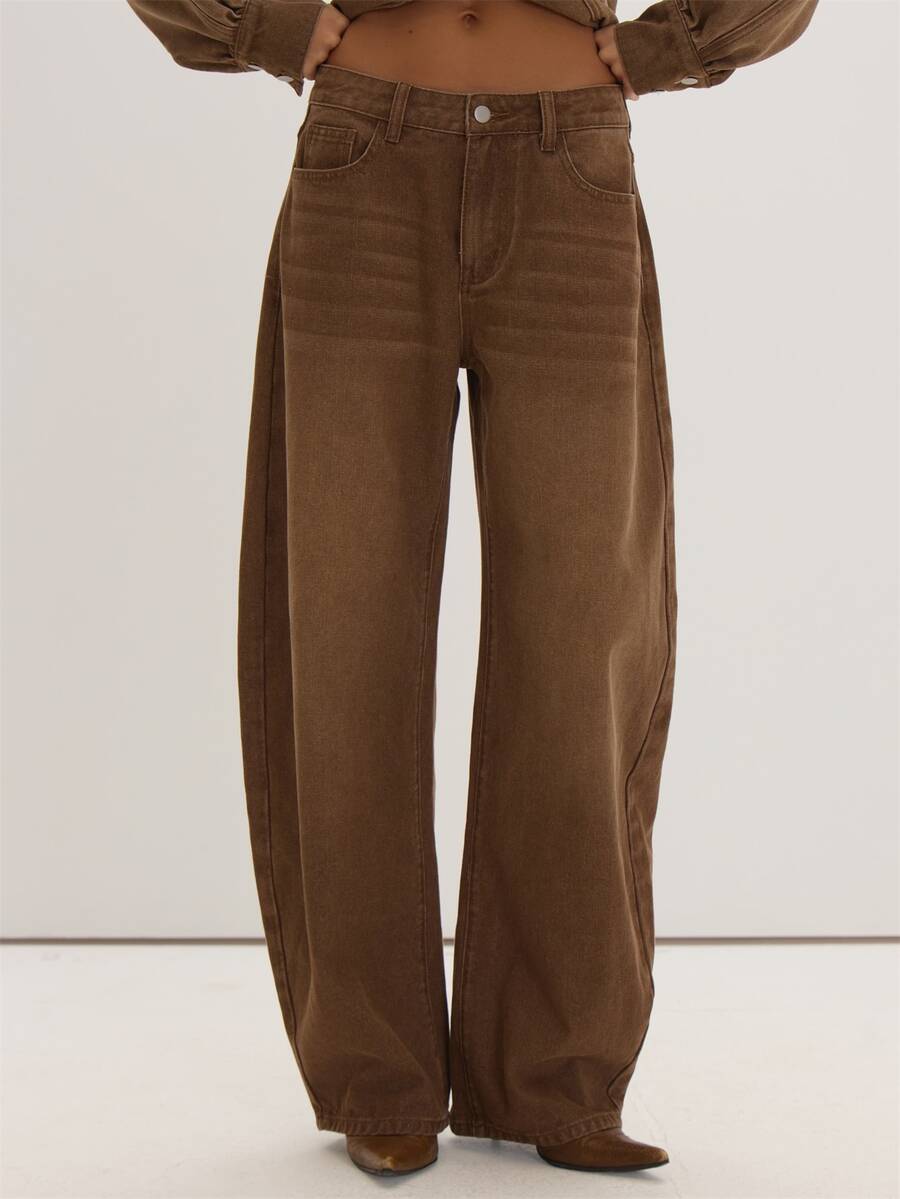 MUSEYN Brown Washed Denim Barrel Leg Jeans Timeless Date Night Tailored Casual Everyday New Season Fall - Brown - View 1