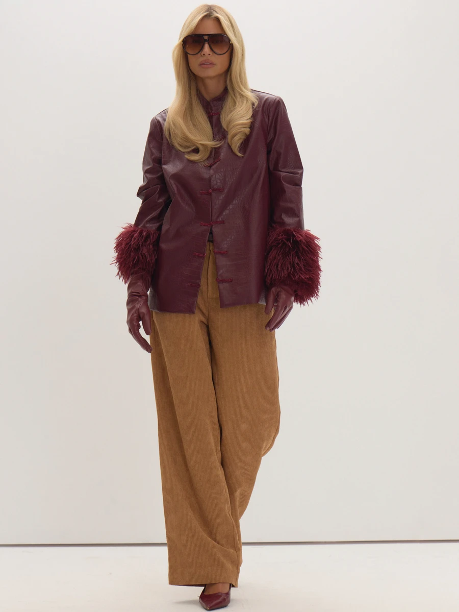 MUSEYN Burgundy PU Fur Cuff Knot Tie Detail Jacket Versatile Everyday Casual Fall - Burgundy - View 1