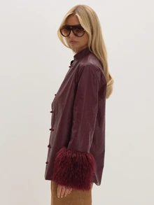 MUSEYN Burgundy PU Fur Cuff Knot Tie Detail Jacket Versatile Everyday Casual Fall - Burgundy - View 3